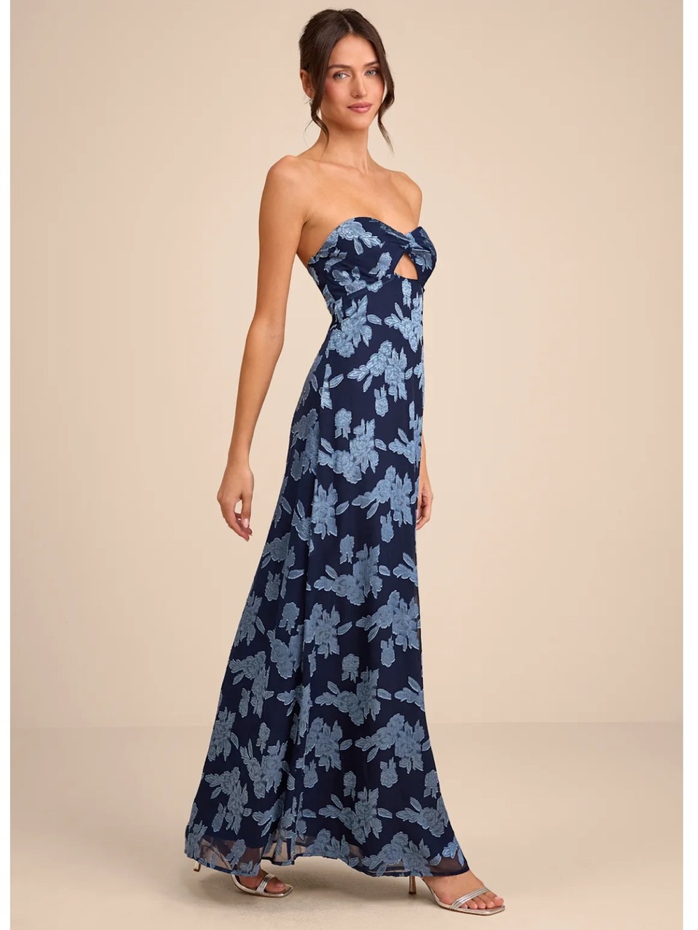 Lulus Danae Navy Blue Floral Jacquard Strapless Chiffon Maxi Dress Event - Picture 1 of 14